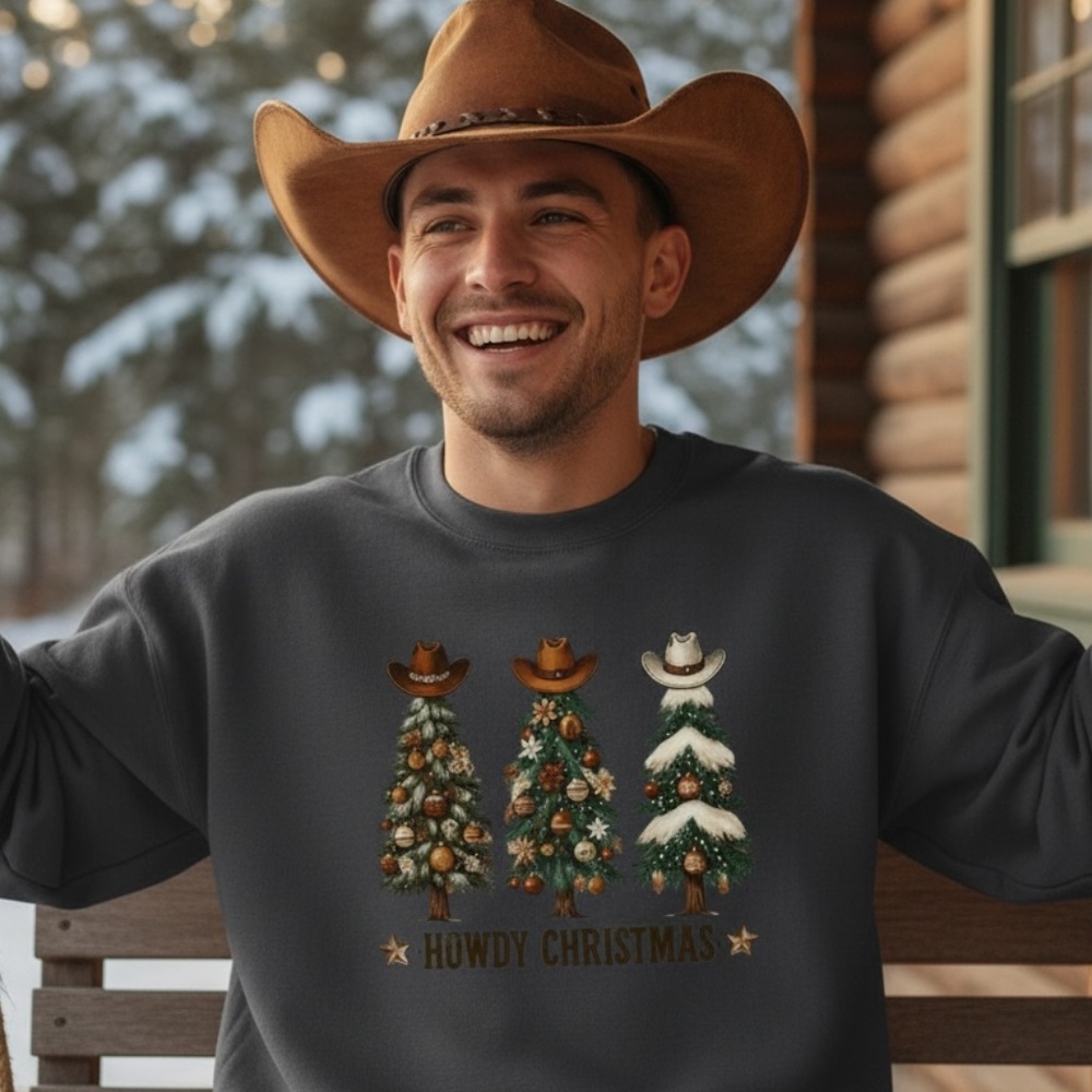 Howdy Christmas Western Tree Sweatshit Rustic Design Unisex S M L XL XXL Gray
